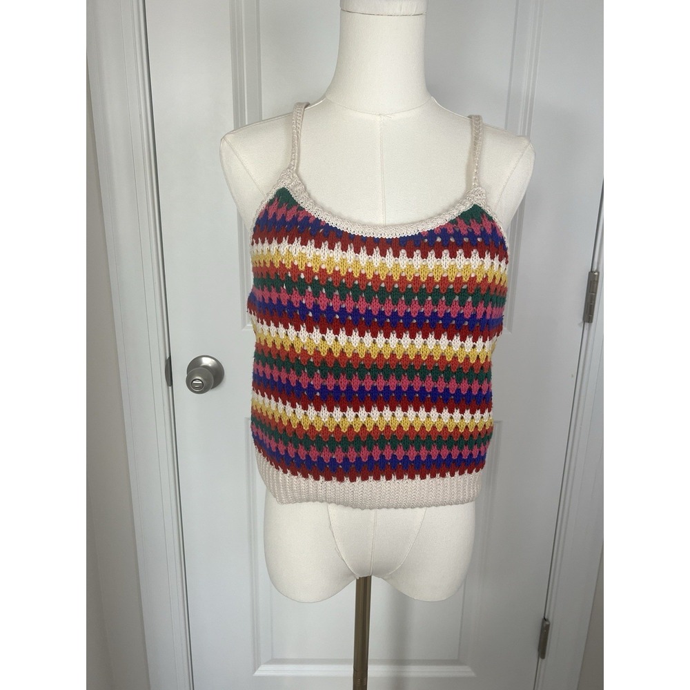 Women's Multicolor Crochet Crop Knit Tank Medium Boho Festival Hippie Beach